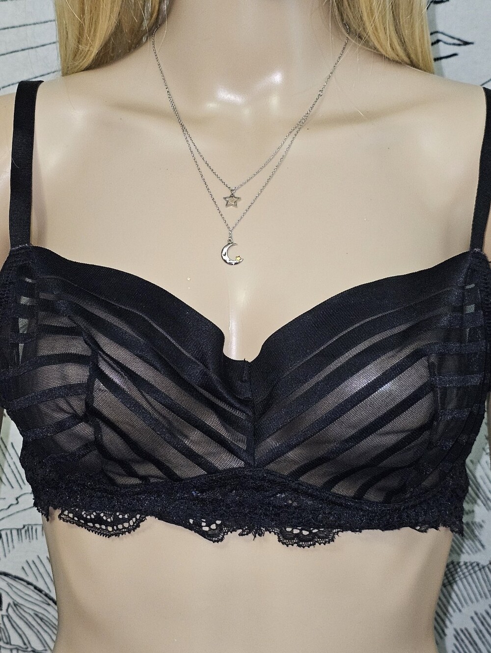 Nicolette Sheer Striped Black Scalloped Lace Unlined Balconette Bra